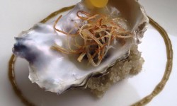 Ostra de Eo con reducción de cava rosado y pipeta de cítricos